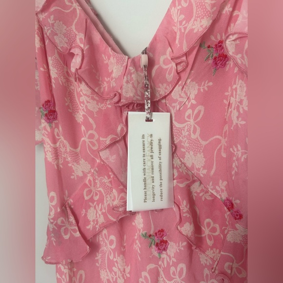 Viral Loveshackfancy Cherry Pink Bow Ruffle Rose Orcene Maxi Dress - Picture 6 of 13